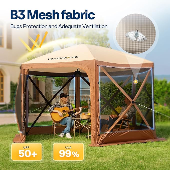 VIVOHOME 12x12ft Pop-Up Gazebo Screen Tent, 6-Sided Instant Outdoor Canopy Shelter with Large Main Door, Wind Panels, and Screens for Outdoor Parties, Camping, Lawn and Backyard