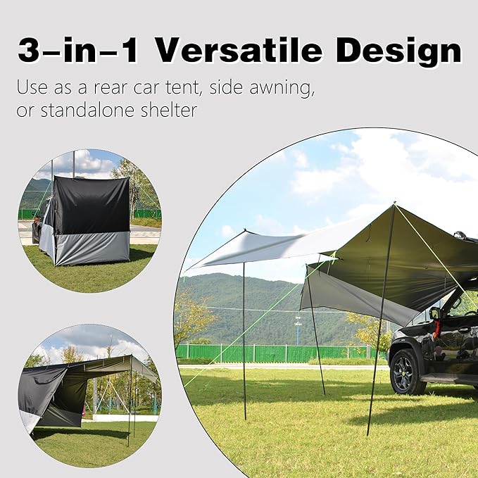 Multi-Use SUV Camping Tent & Side Awning - 3 Large Canopies, 174.38sq.ft Shade, 6.6ft Height, Easy Setup & Tech-Design