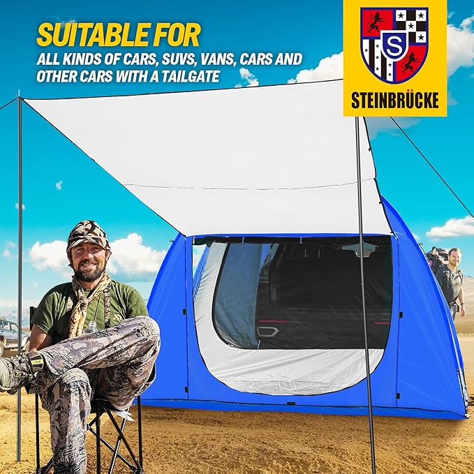 Universal SUV Camping Tent with Spacious Awning, 4000mm Waterproof Car Tent, Up to 4-Person Sleeping Capacity Camping Accessories, Easy Setup for Backpacking Traveling Hiking Outdoors