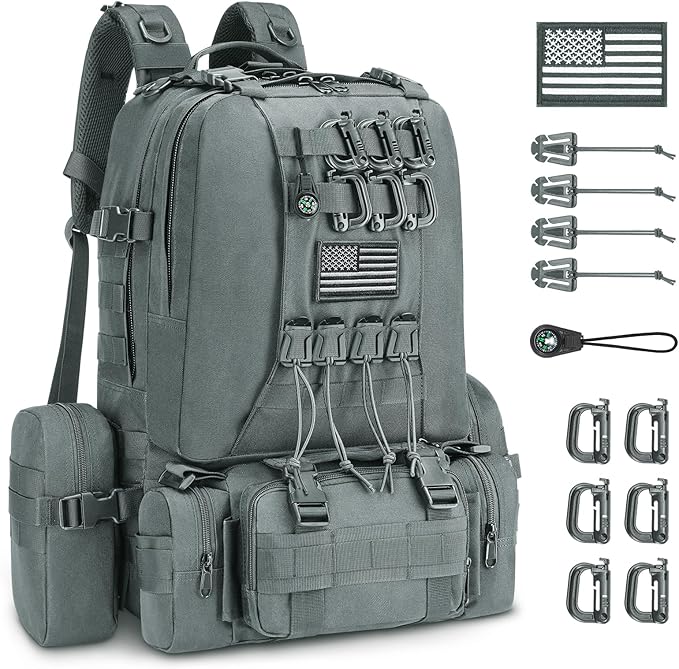 CVLIFE 60L Tactical Backpack for Men Women Military Large Army Rucksack With D-Ring Molle Clips Compass Accessories 3 Day Bug Out Survival Molle Bag Hiking Camping Gym Daypack Backpack, Grey