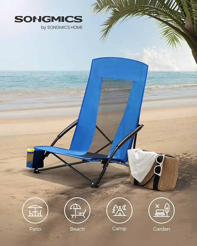 SONGMICS Camping Chair, Portable Outdoor Beach Chair, with High Backrest, Cup Holder, Lightweight, Heavy-Duty, Max. Load 330 lb, Blue UGCB061Q02