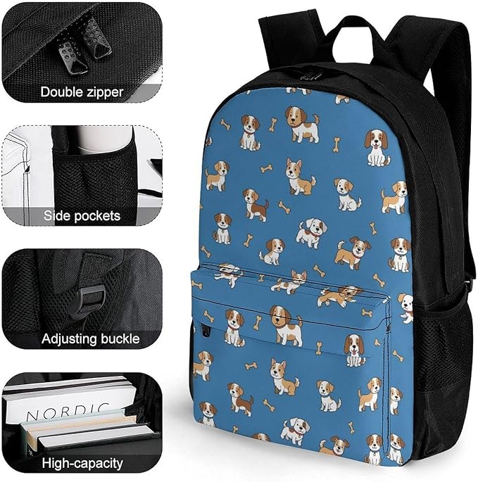 Supdreamc Polyester Daypack Backpack for Trekking Picnic Walking Cycling, Large Capacity Anti-Theft Multipurpose Shoulder Bag, Cute Dog Casual Daypack