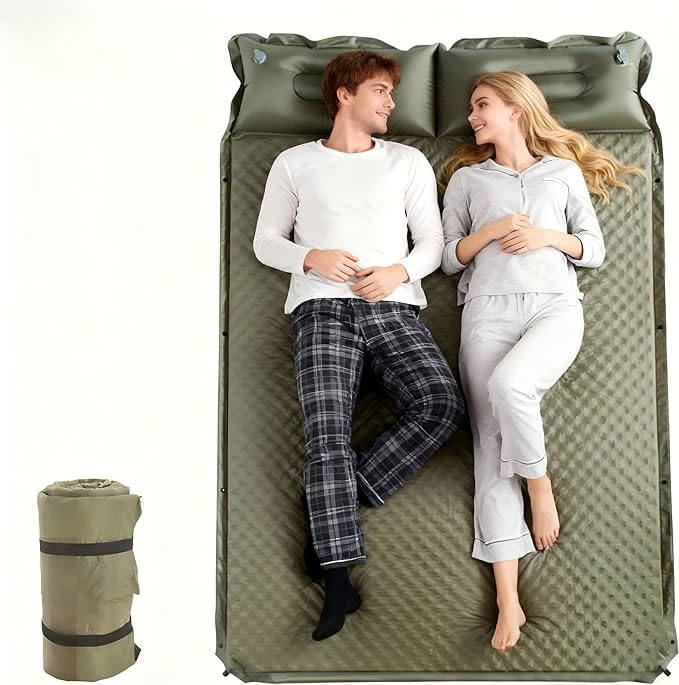 Double Camping Sleeping Pad with Pillow, 2" Memory Foam Camping Mattress 2 Person, 5R Insulated Self Inflating Camping Pad, Air Mattress Inflatable Sleeping Mat for Tent, Backpacking, Hiking (Khaki)