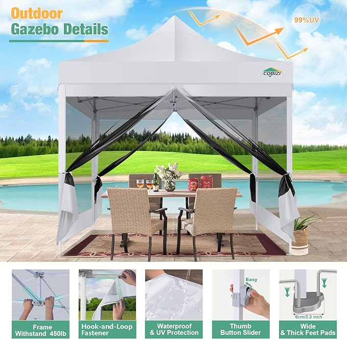 COBIZI Canopy Tent 10x10 Heavy Duty Pop Up Canopy with Sidewalls Waterproof,Easy to Set up Gazebo with Mosquito Netting Outdoor Mesh Screen Tents for Parties Wedding Party with Carry Bag, White