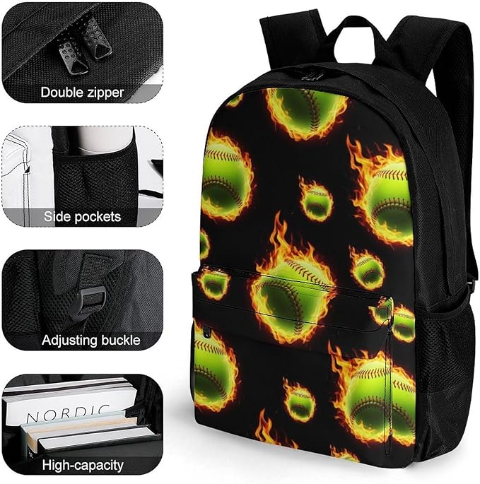 Supdreamc Men Women Lightweight Fire Flame Softball Baseball Casual Daypack Big Capacity Bookbag With Padded Straps for Gym Travel Walking Cycling