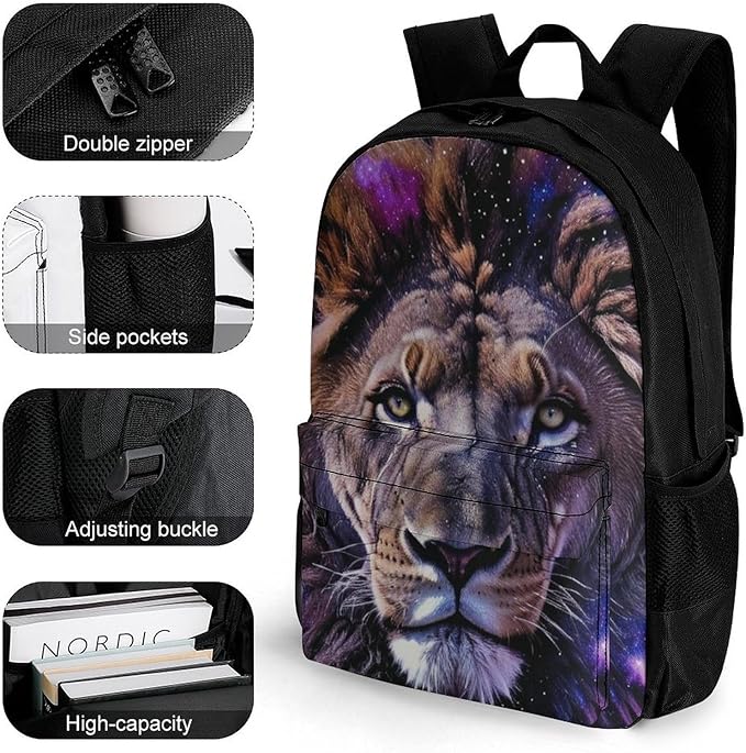 Polyester Daypack Backpack for Trekking Picnic Walking Cycling, Large Capacity Anti-Theft Multipurpose Shoulder Bag, Lion Starry Night Moon Scenery Casual Daypack