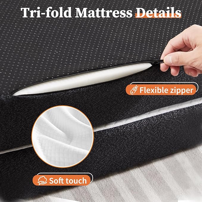 Sweetcrispy Tri-Fold Memory Foam Mattress with Collapsible and Washable Cover, Portable Floor Bed with CertiPUR-US Certified, for Travel & Yoga, Guest Mat