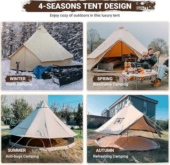 KingCamp Canvas Bell Yurt Tents, 4 Seasons Large Waterproof & Windproof Luxury Glamping Tent w/Stove Jack for Family Outdoor Camping, Hunting, Parties