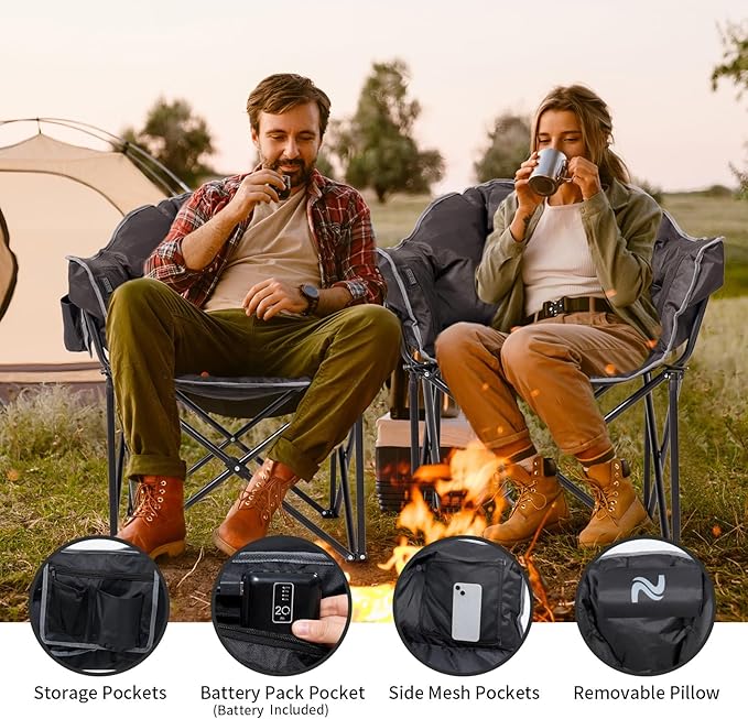 2 Pack Oversized Heated Camping Chair, 3 Heating Levels Soft Padded Camp Lawn Chair with Pillow and 20000mAh Battery, Portable Heated Folding Chairs Outdoor Sports for Patio and Picnics, Black