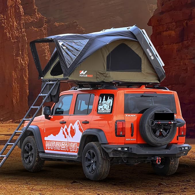 Naturnest Rooftop Tent Hard Shell, Easy Set Up Pop Up Large Tent for 2-3 Person Camping, Waterproof UV-Resistant Blackout 4 Season Tents for Truck, Jeep, SUV, Van, Trailer - Sirius 1 Plus