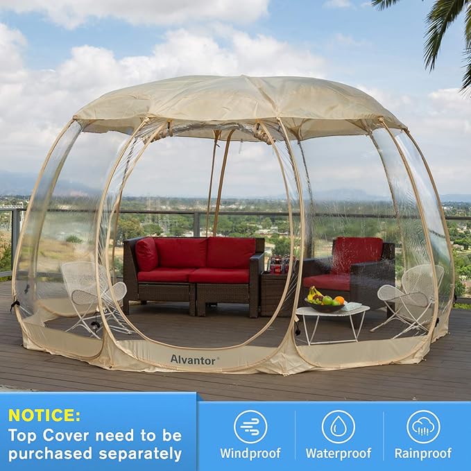 Alvantor Pop Up Bubble Tent - 15’ x 15’ Instant Igloo Tent - 12-15 Person Screen House for Patios - Large Oversize Weather Proof Pod - Cold Protection Camping - Beige