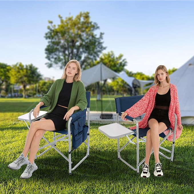 Camping Chair with Side Table & Storage Pockets - Portable Directors Chair Foldable for Outdoor Camping, Lawn, Beach, Fishing, Picnic, Trip (2 Pack) (Blue)
