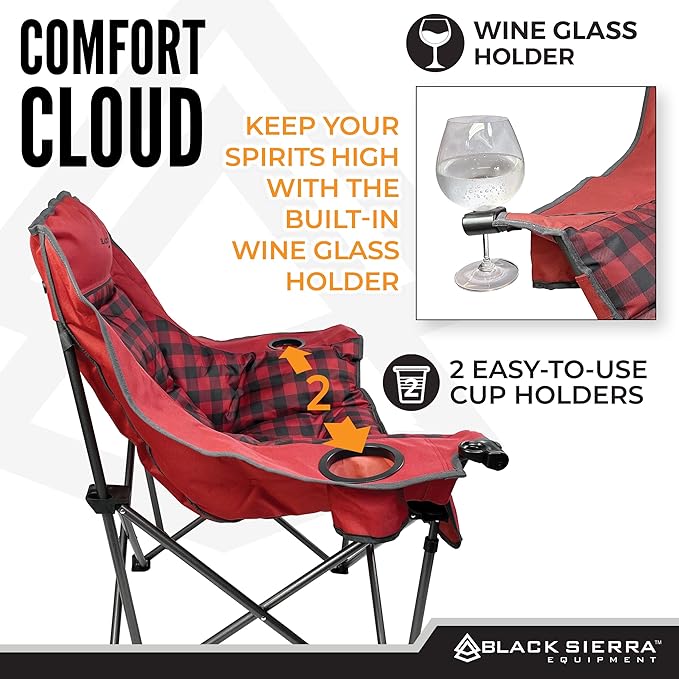 Black Sierra Plush XL Camping Chair for Adults, Oversized Outdoor Folding Chair Supports 400 lbs, Heavy Duty Padded Seat with Cup Holders and Carry Bag, Perfect for Tailgating, Sports, or Patio Use