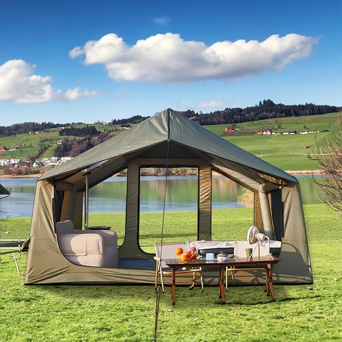 EROMMY 4/6/8/12 Person Inflatable Tent with Skylight, 4 Season Blow Up Tents with Hand Pump for Outdoor Camping & Hiking, Easy Set-up Windproof Sunproof Waterproof