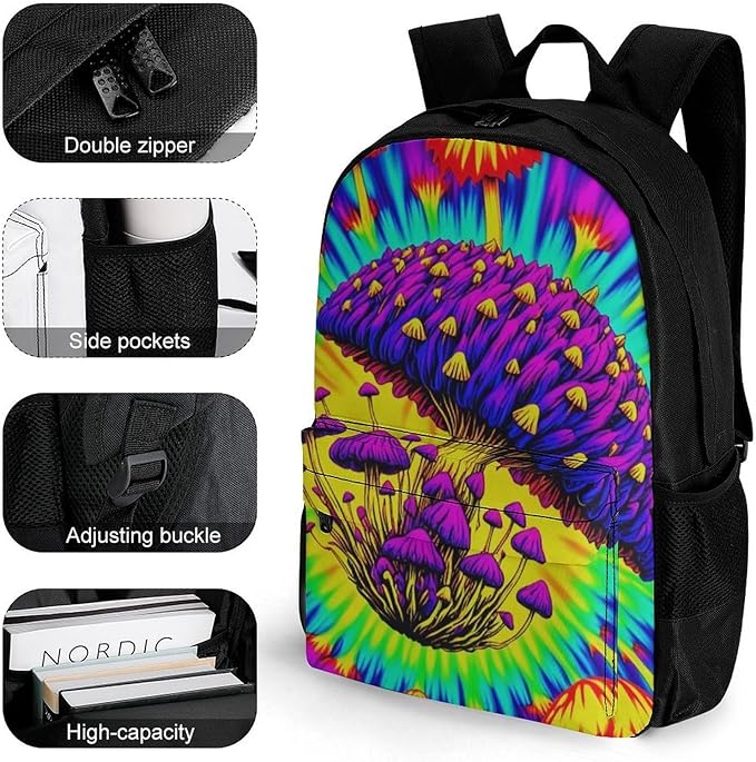 Backpack Lightweight Anti-Theft Multipurpose Psychedelic Mushrooms Tie Dye Art Shoulder Bag Large Capacity Travel Hiking Backpack With Padded Straps