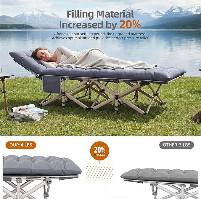 2 Pack Folding Camping Cot for Adults - Portable Sleeping Cots with Removable Padded Cushion, Heavy Duty Camp Bed with Head Tilt Design, Carry Bag for Camping Travel Office Nap Guest Bed