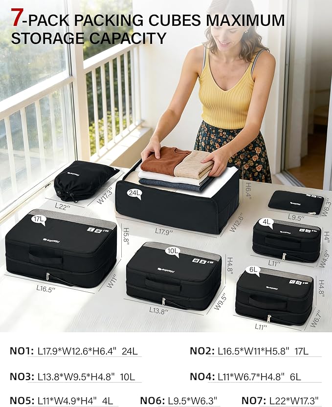 Hanke 7 Piece Expandable Compression Packing Cubes, Premium Travel Packing Organizers for Suitcases/Carry On, Luggage Organizer Bags with Breathable Mesh & Label,Black