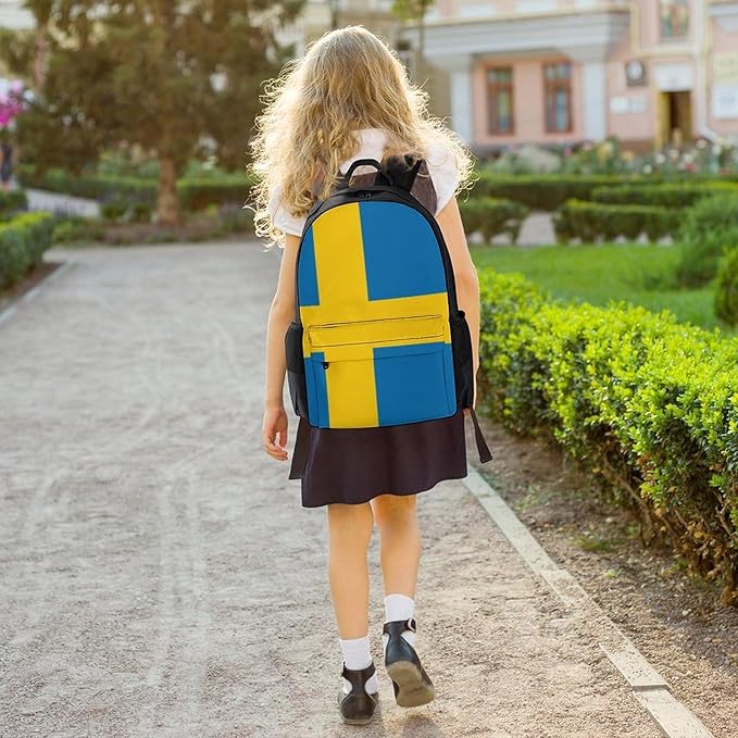 Daypack Bookbag Multipurpose Anti-Theft Big Capacity Carry On Bag, Sweden Flag Travel Hiking Camping Rucksack With Padded Straps