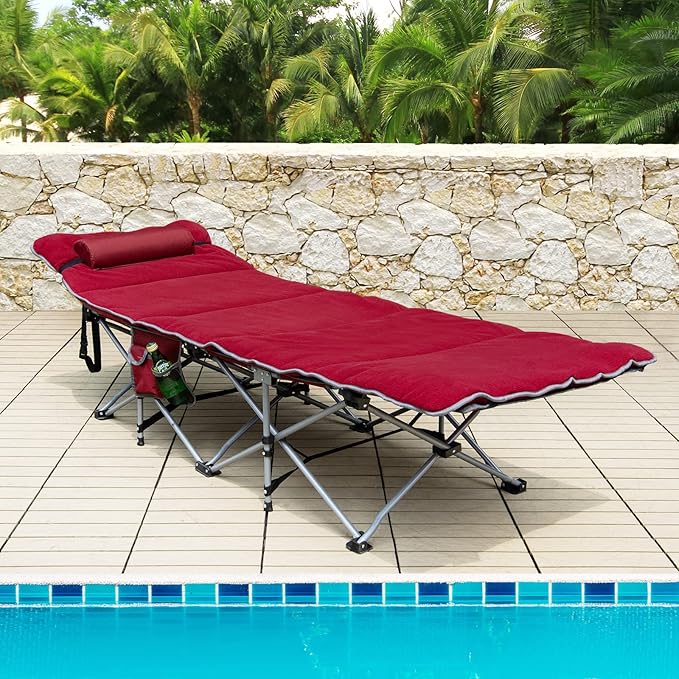 Goplus Camping Cot, Folding Camping Cot with Mattress, Pillow, Carry Bag, Storage Pocket, Camping Bed Military Cot for Home Office Nap Hiking, Heavy-Duty Portable Sleeping Cot for Adults Kids (Wine)