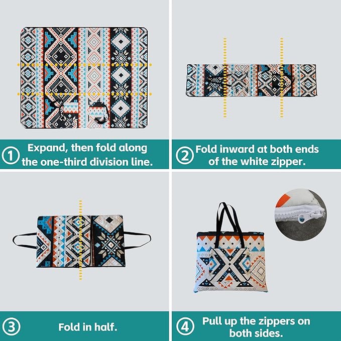 Outdoor Packable Picnic Blanket with Zipper Folds into Tote Bag with Large Storage and Shoulder Strap, Waterproof Sandproof for Lawn Beach Hiking Camping (colorful2, Large)