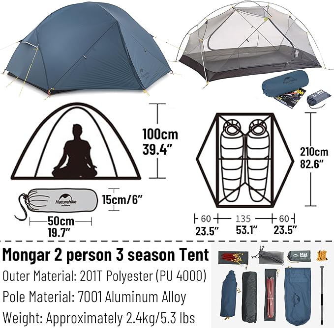 Naturehike Mongar UL Tent [2025 Upgrade] - 1-2 Person Ultralight 3 Season Camping Tent, Waterproof One Person Two Person Backpacking Tent for Hiking, Cycling, Easy Setup