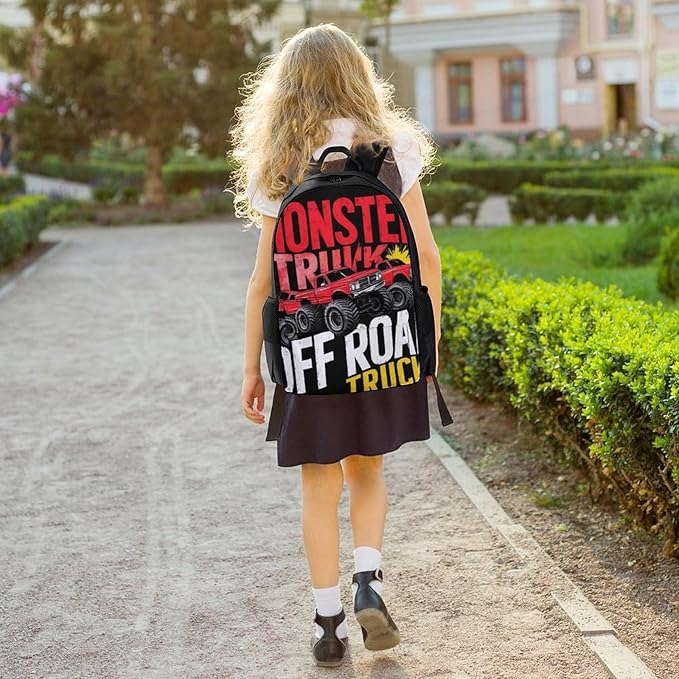 Polyester Daypack for Hiking Work Running, Big Capacity Anti-Theft Multipurpose Shoulder Bag, Monster Truck Car Red Black Travel and Sport Backpack Rucksack