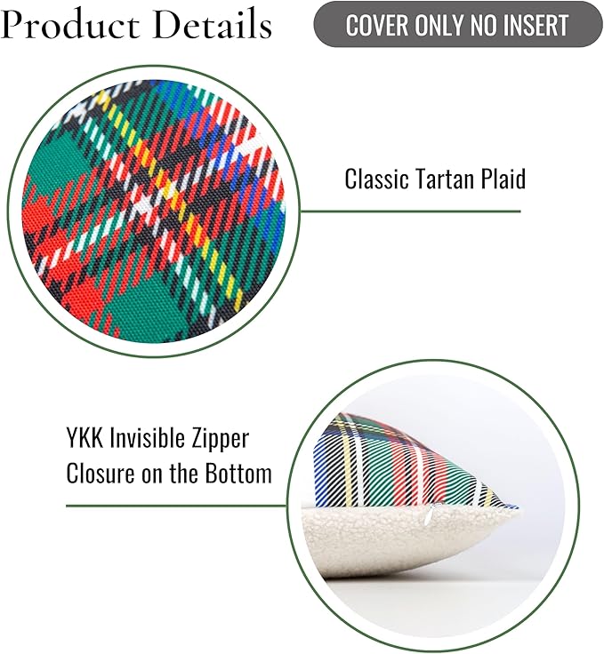 Hofdeco Premium Classic Christmas Holiday Winter Heavy-Weight Canvas Decorative Lumbar Pillow Cover ONLY for Couch, Sofa, Bed, Scottish Tartan Plaid with Sherpa Back, 12"x20"