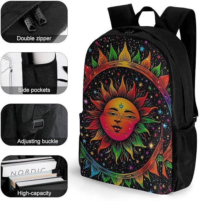 Supdreamc Daypack Backpack Anti-Theft Multipurpose Big Capacity Bookbag, Glowing Sun And Moon Stars Art Business Computer Bag With Side Pockets