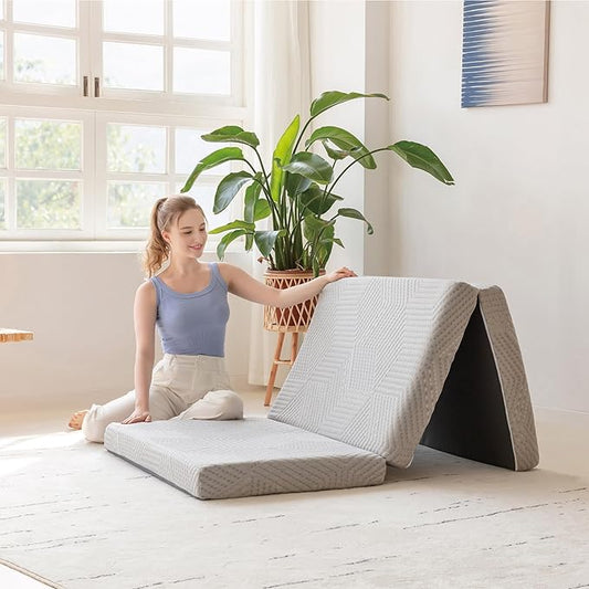 Tri-Fold Memory Foam Mattress, 6 inch Full Folding Topper with Collapsible and Washable Cover, Travel and Guest Mat, 75"×54"×6", Grey