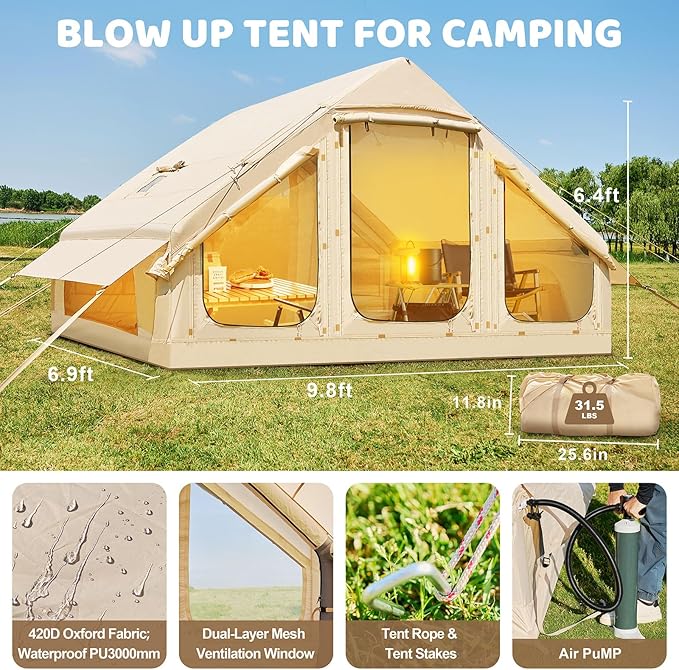 Inflatable Tents for Camping, Blow Up Tent with Hand Pump, Easy Setup Inflatable Hot Tent with Stove Jack, Waterproof Oxford Air Glamping Tents for Camping Adult 4 Person Upgrade Version
