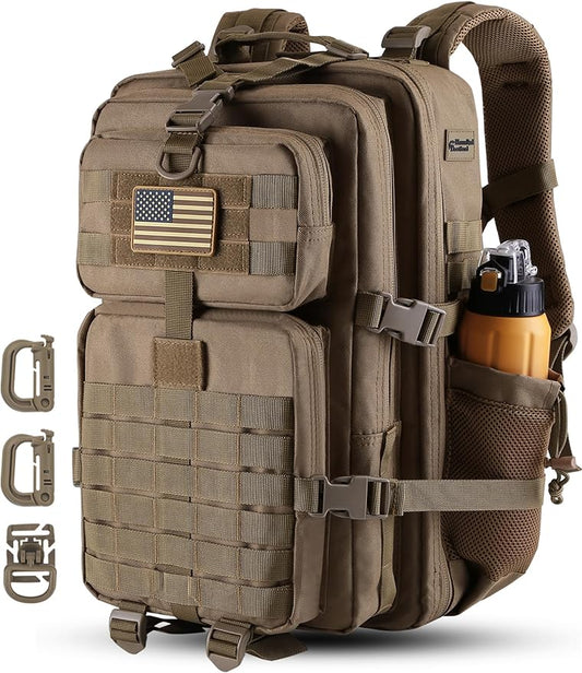 45L MOLLE Assault Backpack, Tactical Backpack Military Army Camping Rucksack with Bottle Holder, 3-Day Pack Trip w/USA Flag Patch, D-Rings, Khaki