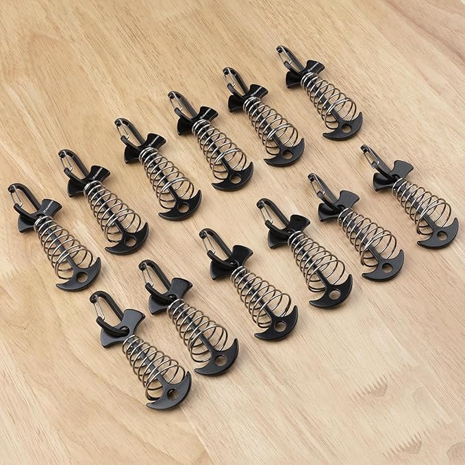 Deck Anchors with Carabiners XINCAMPING 12pcs Aluminum Deck Tie Down Anchor, Fishbone Stake Tent Stakes,Windproof Rope Tighteners & Adjusters for Tents, Canopies, Camping Furniture Black