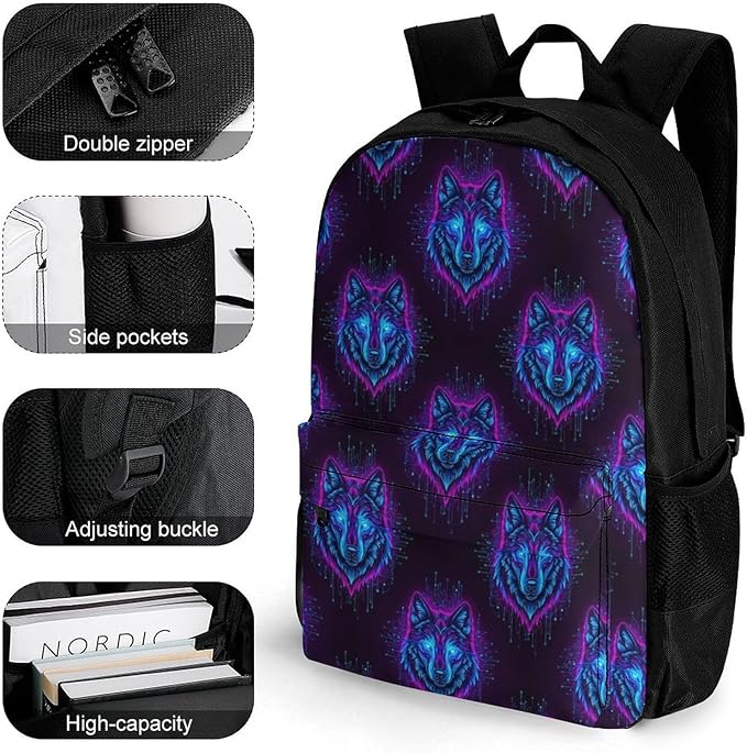 Supdreamc Polyester Daypack Backpack for Sports Travel Running, Big Capacity Anti-Theft Multipurpose Carry On Bag, Neon Wolf Laptop Book Bag Rucksack