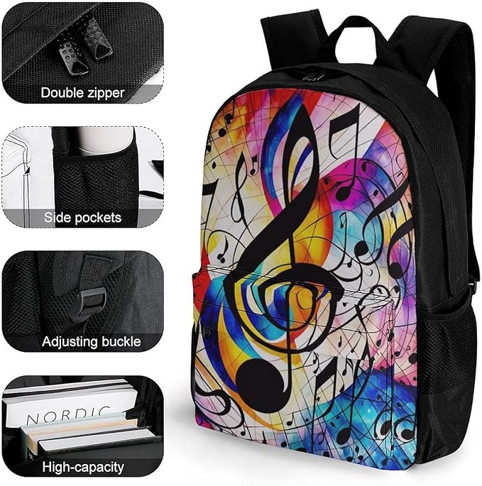 Supdreamc Women Men Polyester Abstract Music Notes Colorful Casual Daypack Large Capacity Bookbag With Side Pockets for Sports Picnic Walking Cycling