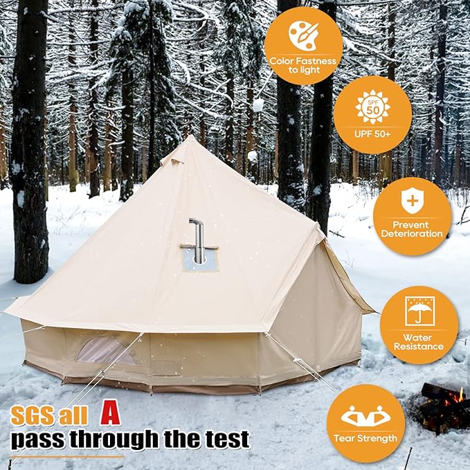 Luxury Cotton Bell Tent, Yurt Canvas Tent with Stove Jack, 4/6/8 Person Family 4 Season Camping