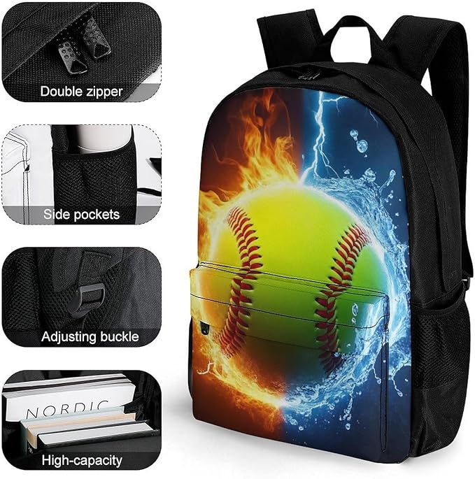 Men Women Polyester Ice Water Fire Flame Softball Baseball Daypack Bookbag Big Capacity Shoulder Bag With Padded Straps for Climbing Travel Walking Cycling