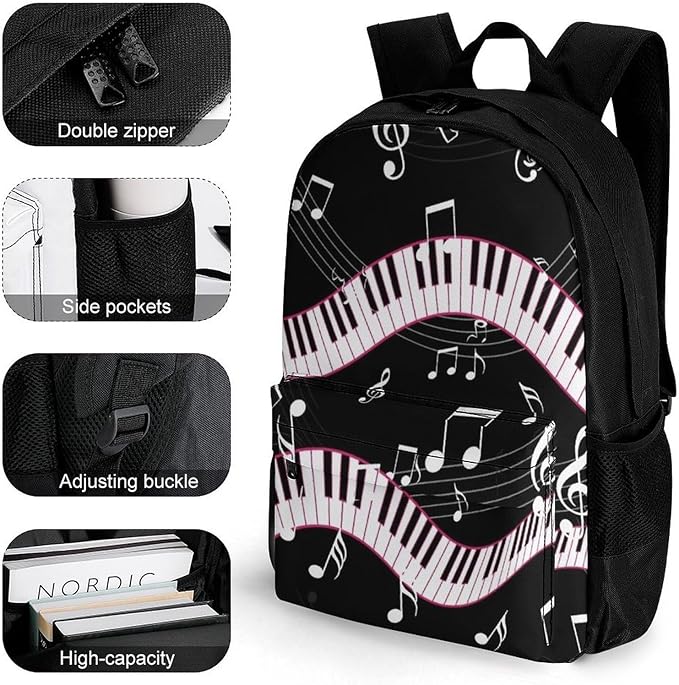 Supdreamc Lightweight Rucksacks for Camping Picnic Walking Cycling, Large Capacity Multipurpose Anti-Theft Carry On Bag, Black And White Piano Keys Music Note Travel Hiking Camping Rucksack