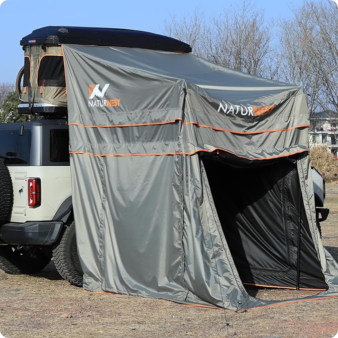 Naturnest Hard Shell Single Roof Tent, 2 Door ABS Roof Tent with 3-Color LED Lights and Built-in USB Plug for Vans, Jeeps, SUVs and Trucks