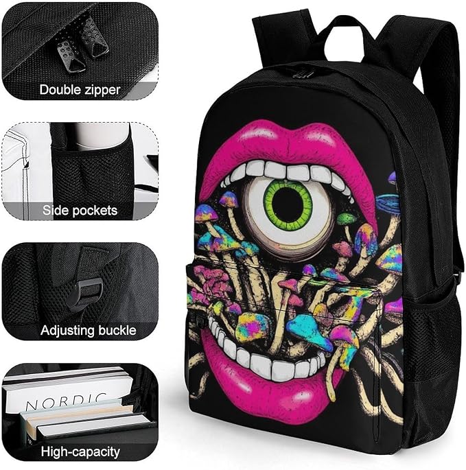 Men Women Lightweight Trippy Mushroom Lip Art Casual Daypack Big Capacity Bookbag With Padded Straps for Gym Travel Walking Cycling