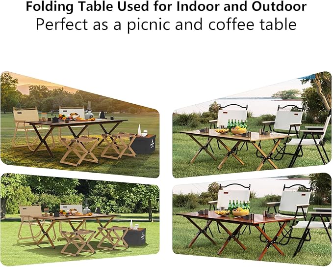 48Inch Folding Camping Table, Lightweight Roll-Up Table Aluminum Low Portable Picnic Table with Carrying Bag for Outdoor, Beach, Picnic, Backyards, BBQ and Party (Walnut, 120CM)