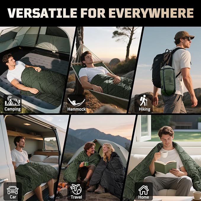 Camping Blanket - Packable, Ultra Warm and Lightweight with Snap Button Backpacking Quilt, for Sleeping, Outdoors, Travel, and Indoor Use - Olive Green