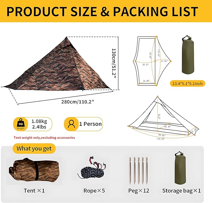 TENPLAY Ultralight 1 Person Tent - 970g 20D Nylon, 130cm Height, PU5000 Waterproof, Easy Setup, NO Trekking Pole for Hiking, Camping & Mountaineering