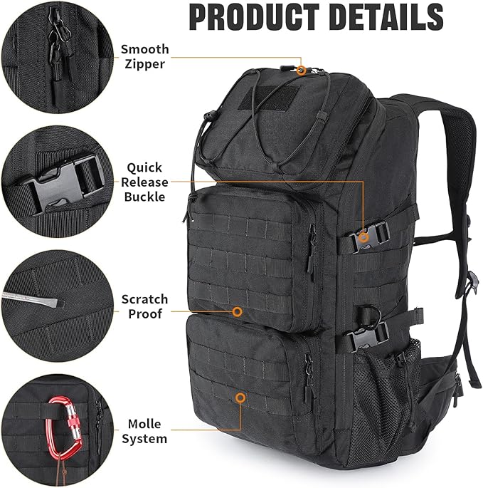 G-raphy Military 45L Military Tactical Backpacks For Men Camping Hiking Trekking Daypack Bug Out Bag Lage MOLLE (Black-45L)