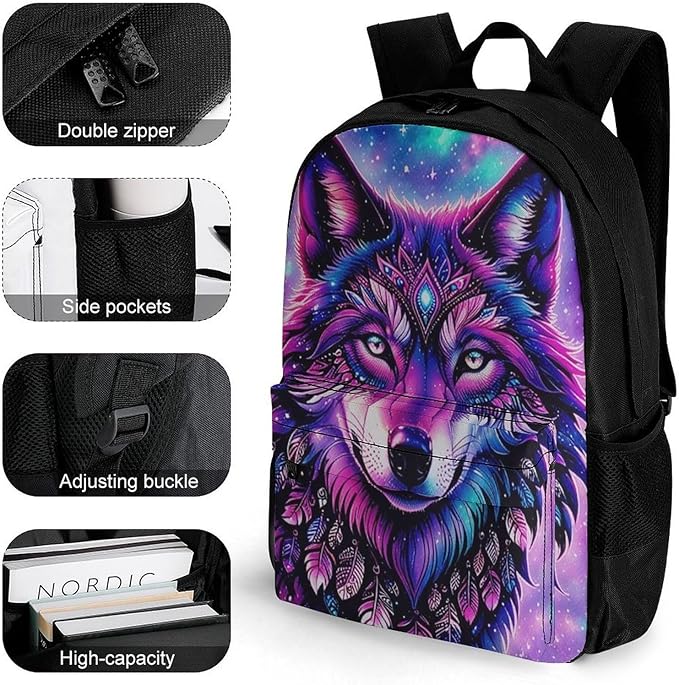 Supdreamc Backpack Polyester Anti-Theft Multipurpose Naive Wolf Head Pink Bookbag Large Capacity Laptop Book Bag Rucksack With Side Pockets
