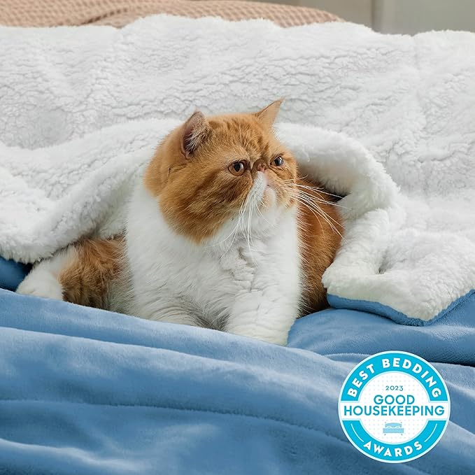 Bedsure GentleSoft Sherpa Fleece Blankets King Size for Bed - Thick and Warm, Soft Fuzzy Plush King Blanket for Winter, Washed Blue, 108x90 Inches