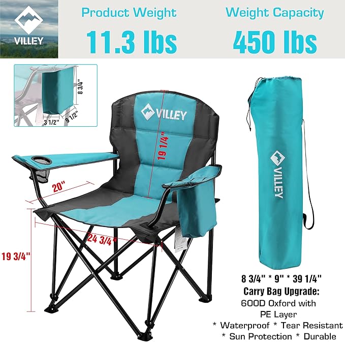 VILLEY Camping Chair, Oversized Folding Camp Chair, Portable Outdoor Chairs Support 450 LBS with Padded Seats, Cooler Bag, Cup Holder, Carry Bag, Blue