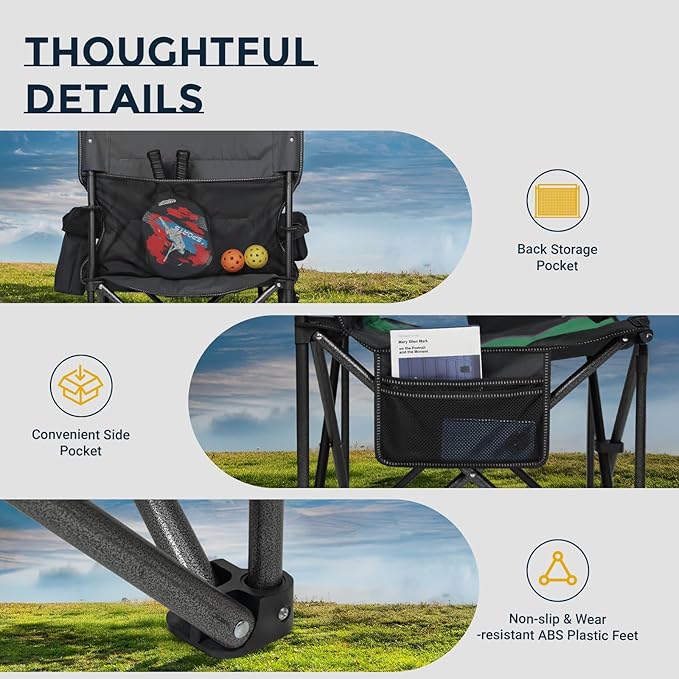 Overmont Oversized Folding Camping Chair - 450lbs Support with Padded Cushion Cooler Pockets - Heavy Duty Collapsible Chairs for Sports Garden Beach Fishing