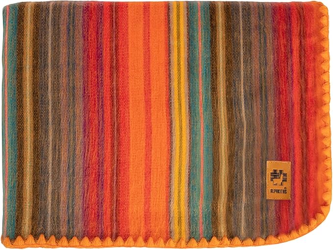 Alpaca Wool Blanket - Queen Size Bed Throw & Warm, Lightweight, Couch or Camp - Outdoor - 87 x 64 Inches (Orange)