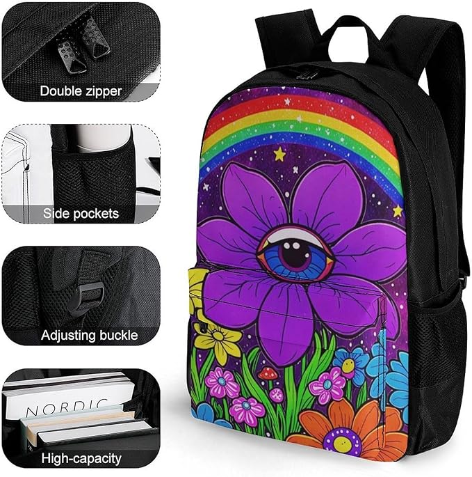 Backpack Multipurpose Anti-Theft Large Capacity Bookbag, Trippy Psychedelic Magic Eye Flower Art Travel Hiking Daypack With Side Pockets