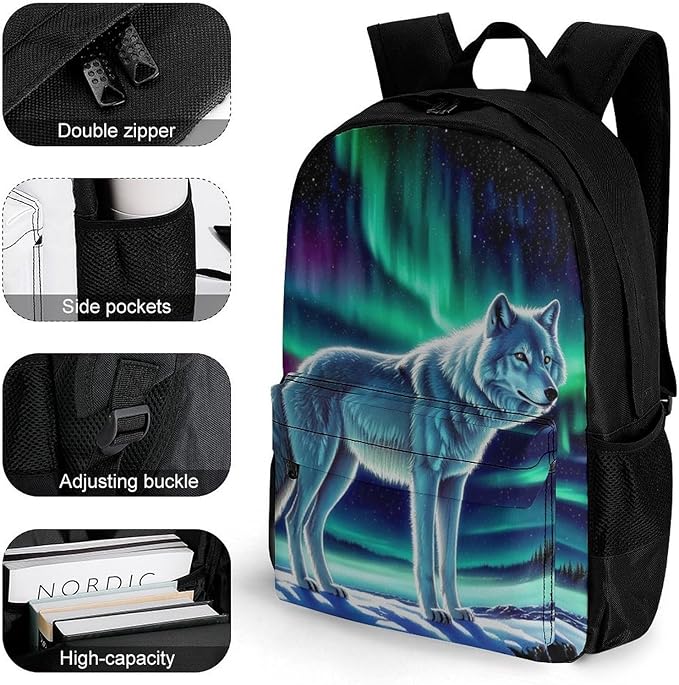 Men Women Lightweight Starry Galaxy Cool Wolf Art Daypack Bookbag Big Capacity Carry On Bag With Side Pockets for Camping Travel Bicycle
